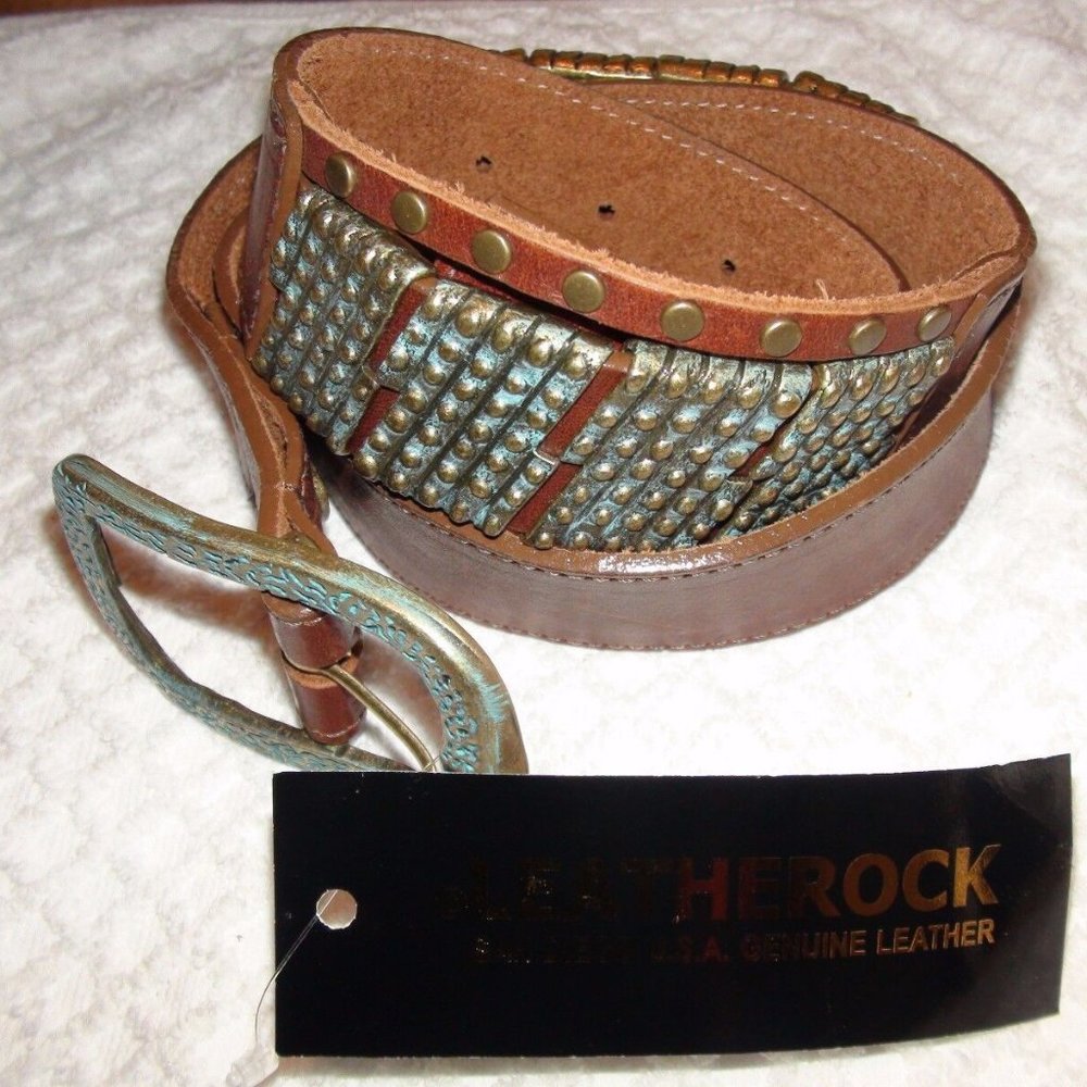 Leatherock Embellished Gold Patina Hardware Brown Leather Belt Size 34